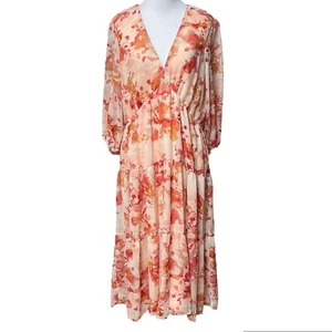 Melonie Midi Kleid NEU Medium Herbst Blumen Langarm V-Ausschnitt Stufen Sommerkleid - Bild 1 von 8