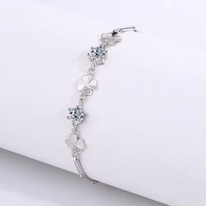 Real Round Moissanite Clover Bracelet Chain 925 Sterling Silver Pass Tester GRA - Picture 1 of 13