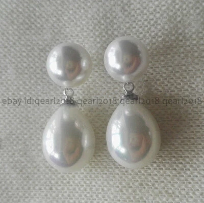 White South Sea Shell Pearl Round Drop Double Pearl Dangle Silver Stud Earrings - Image 1 of 4
