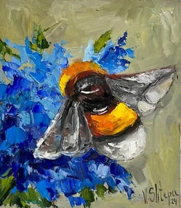 Pintura Original Abejorro Miel Abeja Impasto Flor Pintura al Óleo Arte Firmado - Imagen 1 de 7