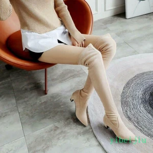 Women's Faux Suede Low Kitten Heel Over Knee High Boots Pull On Shoes Plus Size - Picture 1 of 14