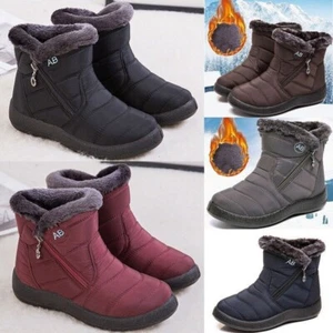 Womens Fur Lined Snow Ankle Boots Ladies Winter Warm Waterproof Flat Shoes Size - Picture 1 of 23