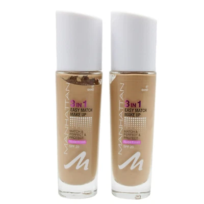 2x Manhattan 3in1 Easy Match Make Up Nude Finish SPF 20 37 Sand 2x 30ml - NEU - Bild 1 von 2