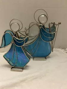 Pair Of Handmade Leaded Stained Glass Free Standing Angel Suncatchers - Picture 1 of 7