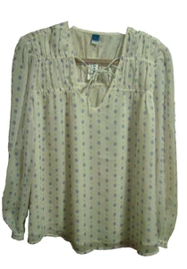 Old Navy Long Sleeve Chiffon BoHo Blouse NWT size Large, Wht Blue Geo Print - Picture 1 of 5