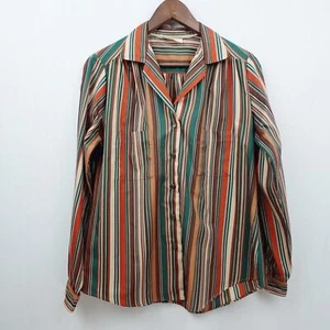 Vintage Shapely 60s 70s Striped Blouse Sz L 14 Orange Green Button Up Shirt Top - Picture 1 of 8
