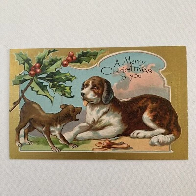 Antique Embossed Christmas Postcard Bernese Mountain Dog Small Terrier Series - Image 1 of 4