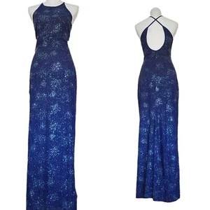 Y2K Gunne Sax Size 6 Blue Long Formal Dress Gown Glitter Strappy Criss Cross - Picture 1 of 14