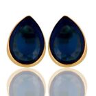 Blue Corundum Bezel Set Gemstone Stud Earrings In Gold Plated 925 Silver