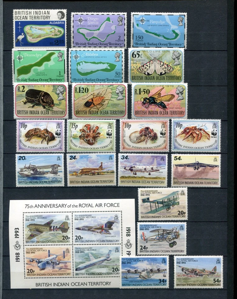 Océano Índico Británico 1969-93 MNH Lote Aviones Naturales Una Hoja 22 Artículos Foto 1 de 1