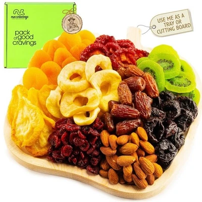 NUT CRAVINGS Apple-Shaped Wooden Tray Gift Basket – 9 Dried Fruits & Almonds – Healthy Snack