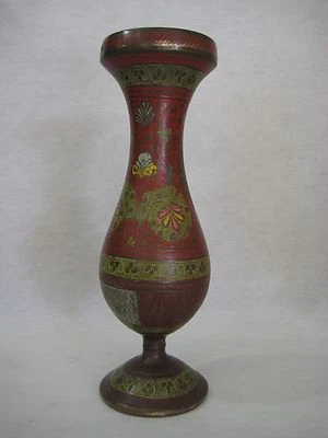 Jarrón vintage de bronce de latón tallado y pintado a mano de la India, 8 1/2" T x 2 3/4" D Foto 1 de 4