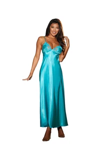 Shirley of Hollywood Luxurious Lace Satin Long Gown Slip Scuba Blue - Picture 1 of 2