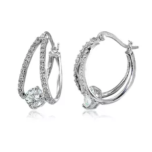 Sterling Silver Cubic Zirconia Oval Double Hoop Cubic Zirconia Earrings - Picture 1 of 4