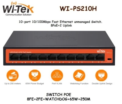WI-PS210H WI-TEK 8FE+2FE Uplink Unmanaged 250M Long Range CCTV PoE Switch - Image 1 of 2