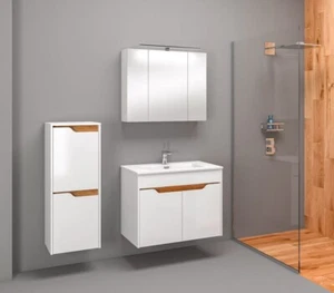 Badmöbel Set mit Waschbecken LIMBA WEISS-EICHE 80cm Hochglanz SOFTCLOSE - Bild 1 von 11
