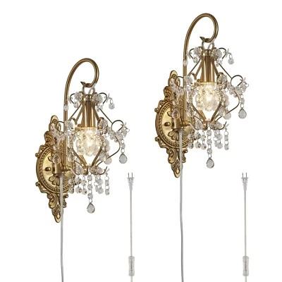 Pack de 2 Apliques de Pared Enchufables Dorados, Aplique de Pared de Cristal Vintage Interior con... Foto 1 de 4