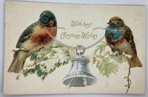 Postcard Best Christmas Wishes Bell Robins Leaves Lightly embossed Douglass I8 - Bild 1 von 2