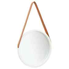 Retro Round Wall Mirror with Adjustable Faux Leather Strap, White and Brown, 40
