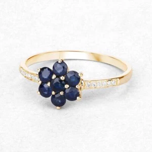 14k gold Finish Silver Sapphire Diamonds Minimalist Flower Style Women Ring - Picture 1 of 2