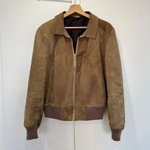 Vintage VTG 1970s 70s John Collier Camel Beige Suede Bomber Jacket Size 42 M - Picture 1 of 24