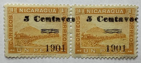 ERROR 1904 NICARAGUA 5 CENTAVOS MNH STAMP PAIR #175B SHIFTED OVERPRINT Cover