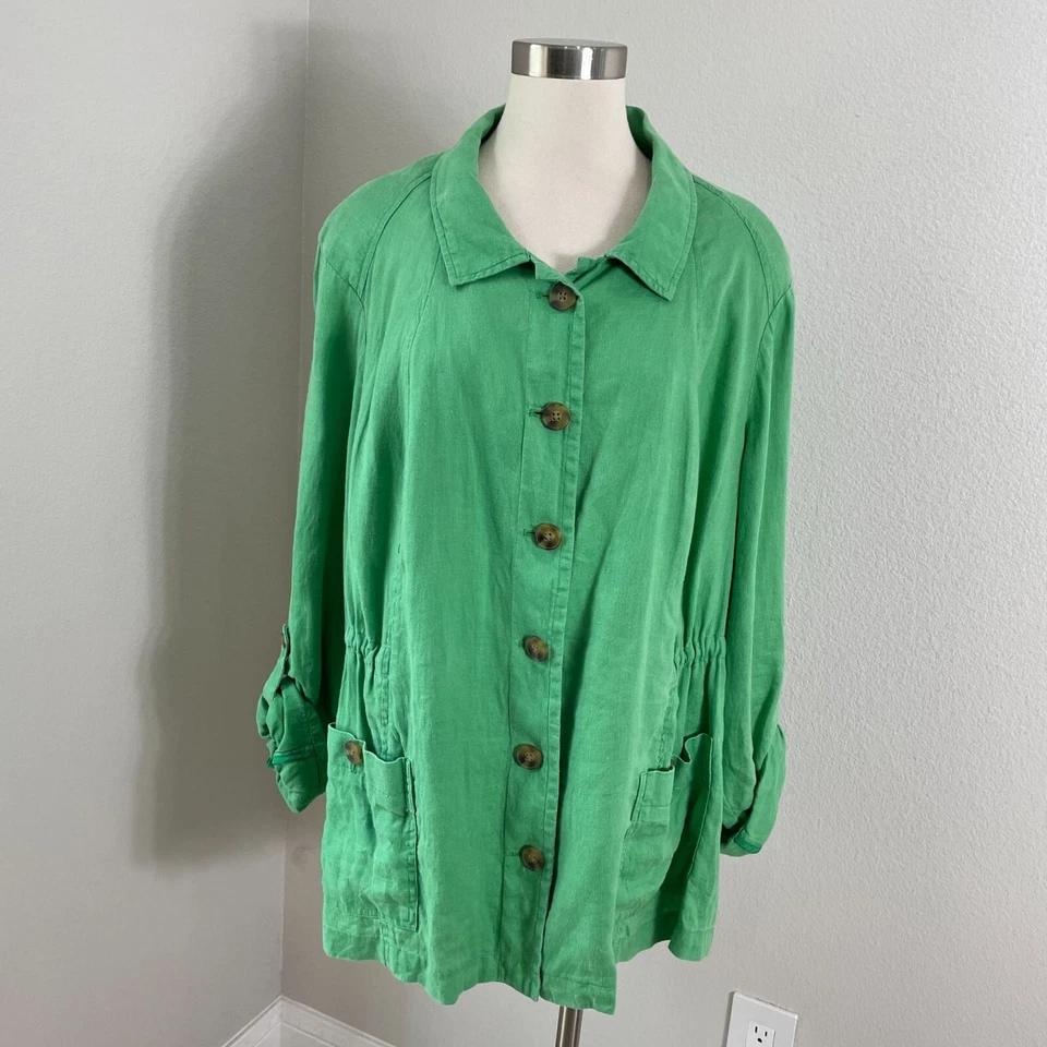 Chaqueta Coldwater Creek para mujer Plus 24 verde 100 % lino con botones manga con lengüeta enrollable Foto 1 de 4