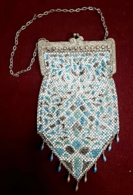 Antique Art Deco Mandalian Mosaic Mesh Flapper Purse Bag~Teardrop Beads, Lining  - Image 1 of 4