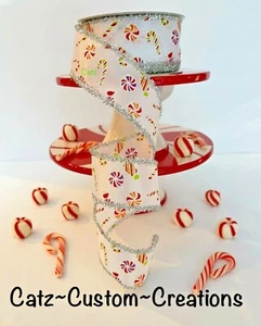 30' Xmas Ribbon Peppermint Candy Cane Red,White 1 1/2" Wired Wreath Tree Bow - Picture 1 of 3