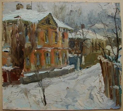 Ukrainian Soviet USSR Oil Painting cityscape old Kyiv snow street architecture - Image 1 of 4