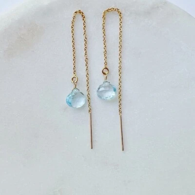 Sky Blue Topaz Pear Shape Gemstone Long Chain Threader Drop Fashion Earrings - Image 1 of 4