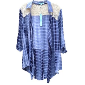 Kimono polverone nuovo con etichette She + Sky donna blu tintura cravatta bianca manica lunga - Foto 1 di 8