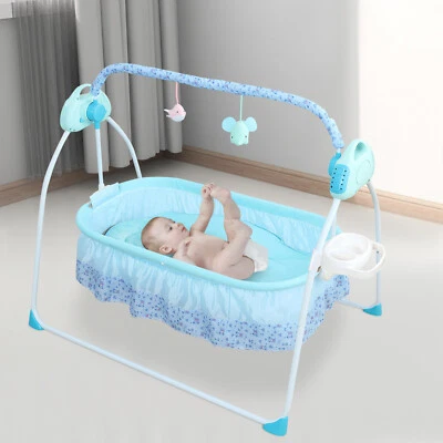 Cuna plegable eléctrica azul para bebé bebé bebé con cinturón de seguridad Foto 1 de 4