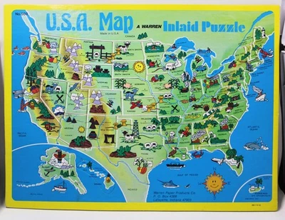 Vintage 1980s Warren USA Map Inlaid Tray Puzzle #503 Whimsical 50 States VGC - Image 1 of 4