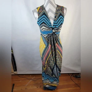 Chicos Jersey Knit V Neck Sleeveless Dress Blue Yellow Abstract Print Size 1/Med - Picture 1 of 9