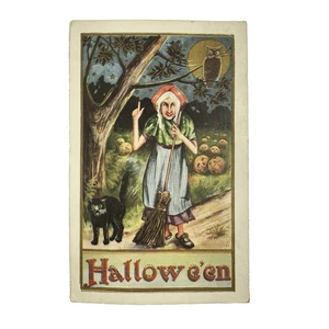 Antigua postal de felicitación de Halloween bruja con escoba gato negro estampada 1912 - Imagen 1 de 15