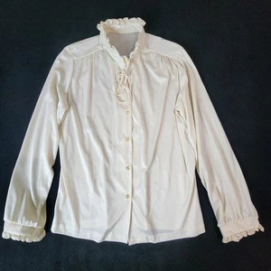 Vintage Womens Button Up Shirt Top Small Ivory Ruffle Tie Neck Long Sleeve #2040 - Picture 1 of 13