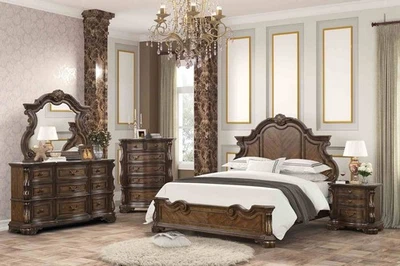 Traditional Eastern King Size 6pc Wooden Panel Bed Set Extended Corbel Headboard - Image 1 of 4