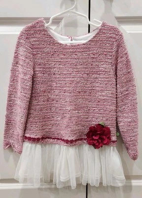 Dollie And Me Girls Dress Size 6 Knit Blouse With Tule Ruffle Pink Spring Flower - Image 1 of 4