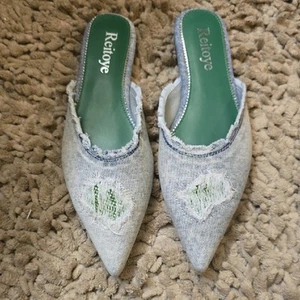 Scarpa piatta jeans Reitoye donna taglia 8 1/2 effetto invecchiato Bling denim nuova - Foto 1 di 6