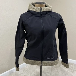 Marmot Full Zip Soft shell Hooded Jacket Black Faux Fur Women Medium - Picture 1 of 15