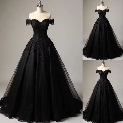 Black Gothic Wedding Dress Lace Appliques Sweetheart Off Shoulder A-Line Long - Image 1 of 4