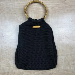 70s Inspired Crochet 10x13x3 Boho Purse Bag Bamboo Handles Grannycore Black GUC - Picture 1 of 12