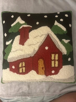 Winter House Snow Trees Sky Red Green White Black 18 By 18 Hook Pillow Wool - Image 1 of 4