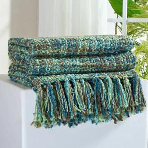 Multi-Color Green Cable Knitted Throw Blanket for Couch,50"X60" Boho Style Te... - Picture 1 of 9