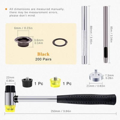 200 Juegos 1/4" Negro Ojal Surtido Kit para Ropa Zapatos Bolsa Papel Cuero C Foto 1 de 4