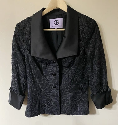 Vintage JS Collections  Black Short Jacket Blazer Floral Ribbon Satin Lapels 8 - Image 1 of 4