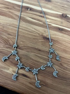 16in Celestial Moon Stars Dangle Sterling Silver Vintage Necklace 925 - Picture 1 of 3