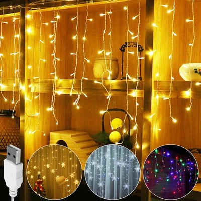 LED Icicle Snowflake Curtain Lights 3M 96LEDs USB Xams Wedding Waterfall Lights - Image 1 of 4