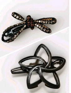2 Vtg Barrettes Brown Rhinestones Black Ribbon Bow and Silvertone Flower Star - Picture 1 of 8